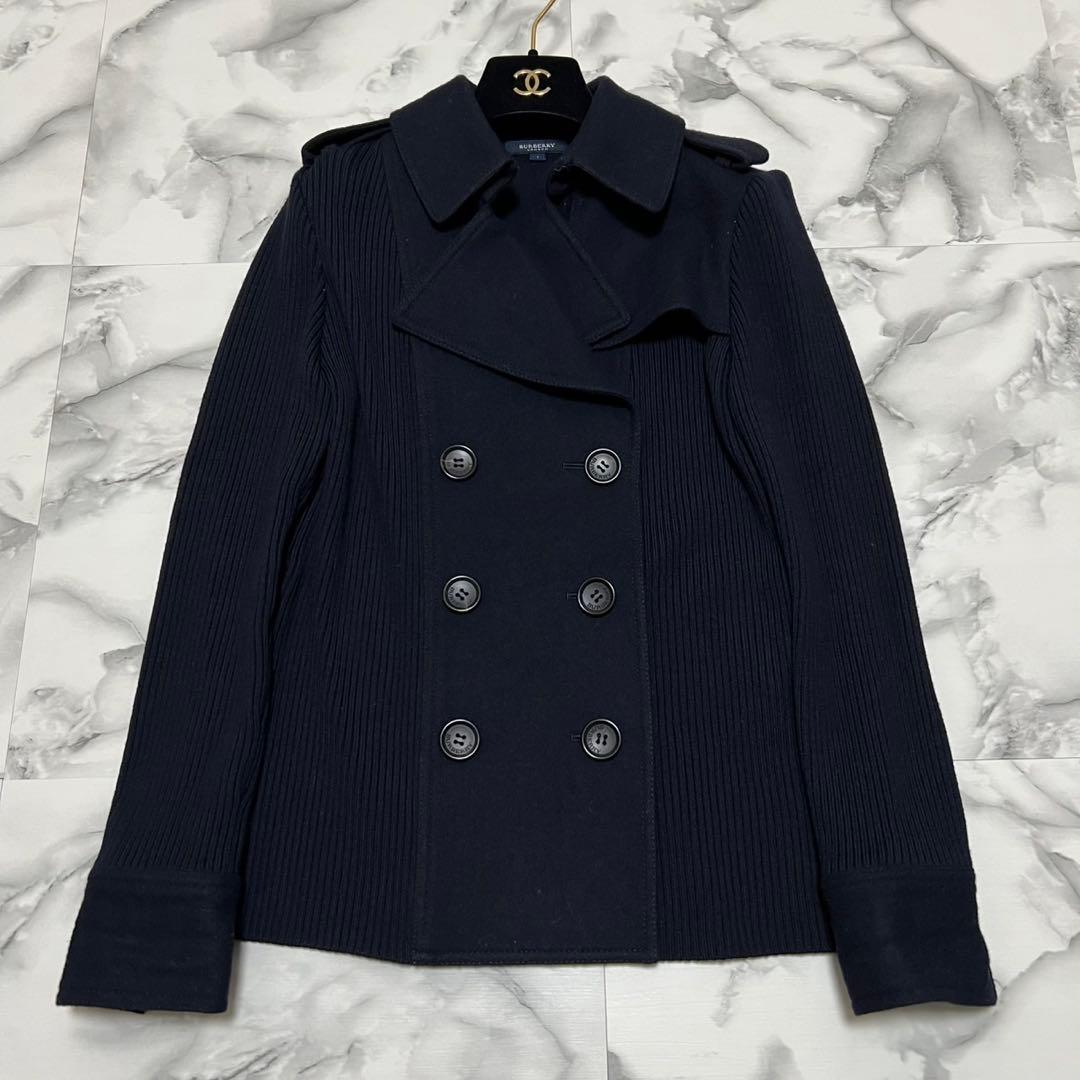 【美品】バーバリーロンドン　ニット切替ジャケット　カシミヤ混　Pコート　チェック