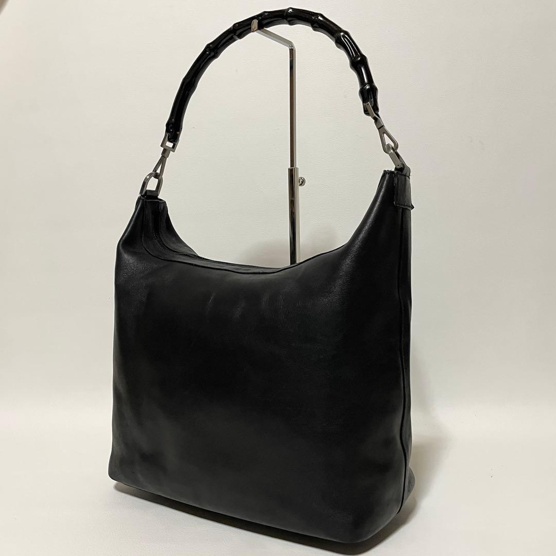 【良品】GUCCI グッチ　ショルダーバッグ　オールレザー　バンブー　ブラック