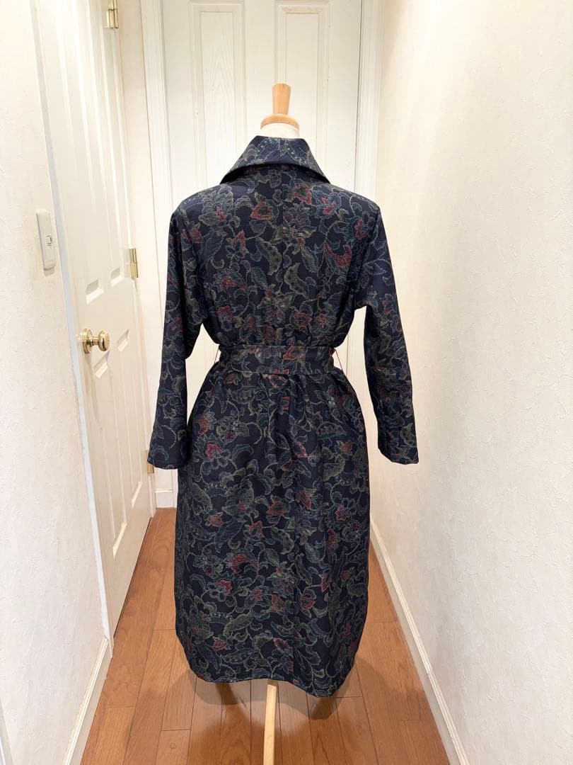 167 着物リメイク 正絹 紬 更紗花文 ロングコート リボン付