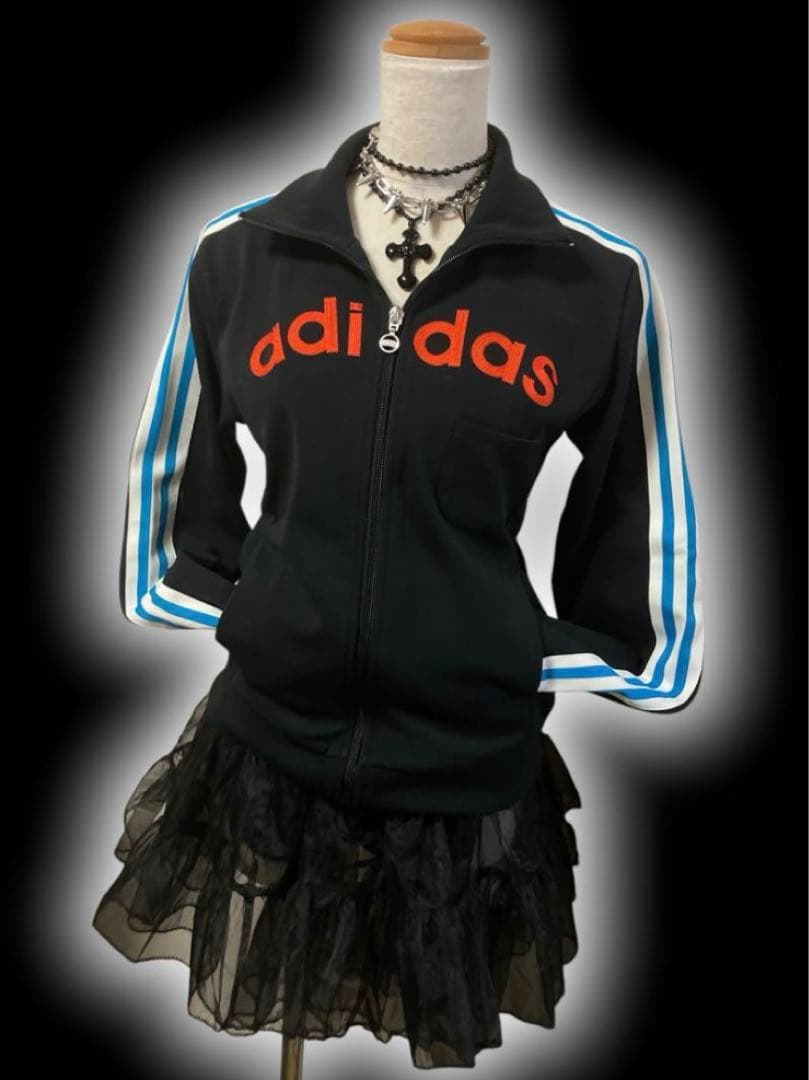 レアデザインadidas3本線刺繍トラックジャケットy2kフェアリーグランジ古着
