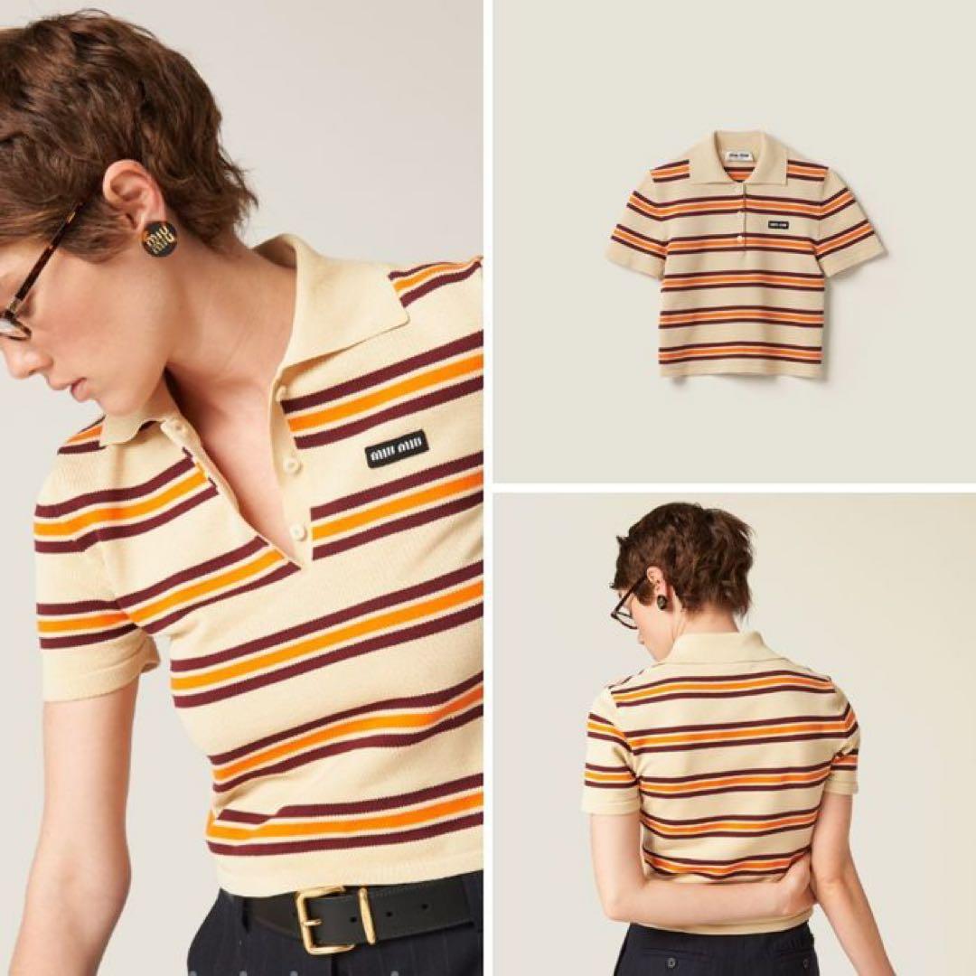 Miu Miu コットンシルク ストライプ 半袖ポロシャツ ブランドロゴ付き
