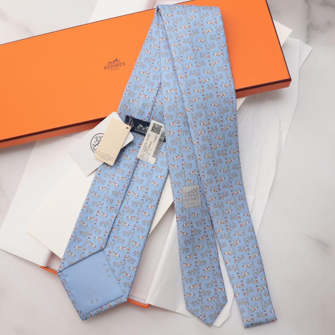 新品未使用 エルメス HERMES 馬柄 シルク ネクタイ 水色