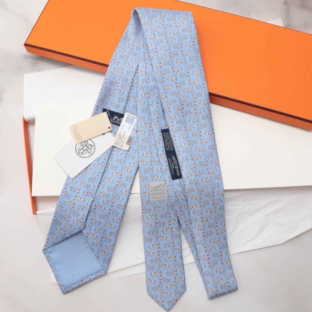 新品未使用 エルメス HERMES 馬柄 シルク ネクタイ 水色