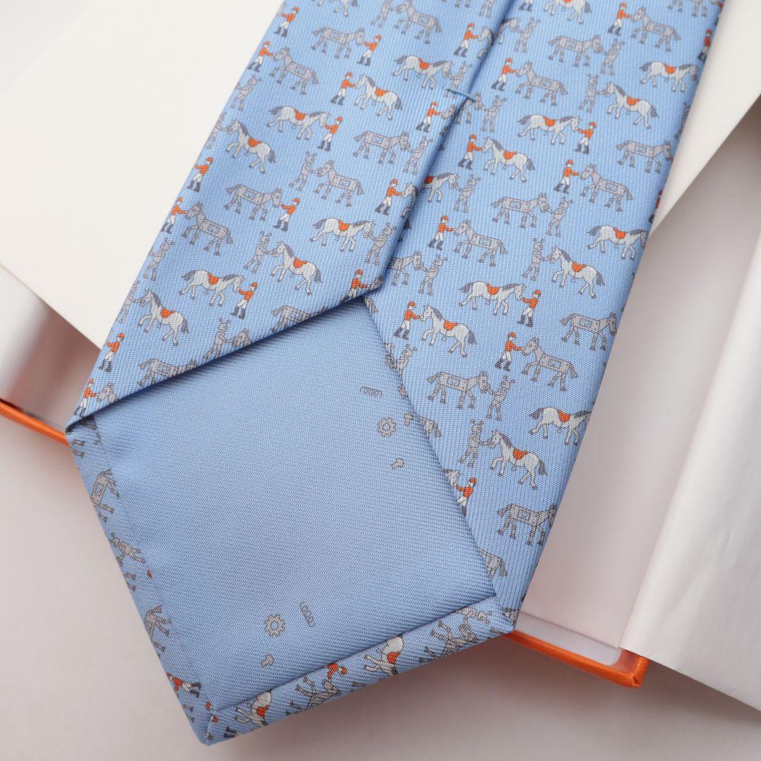 新品未使用 エルメス HERMES 馬柄 シルク ネクタイ 水色