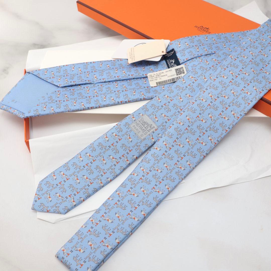 新品未使用 エルメス HERMES 馬柄 シルク ネクタイ 水色