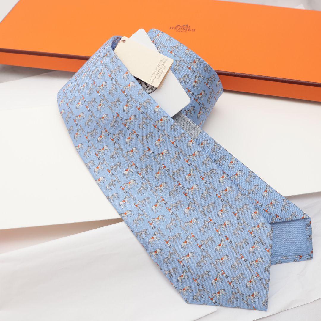 新品未使用 エルメス HERMES 馬柄 シルク ネクタイ 水色