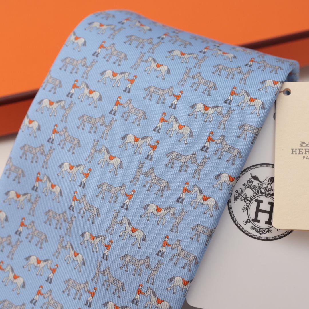 新品未使用 エルメス HERMES 馬柄 シルク ネクタイ 水色