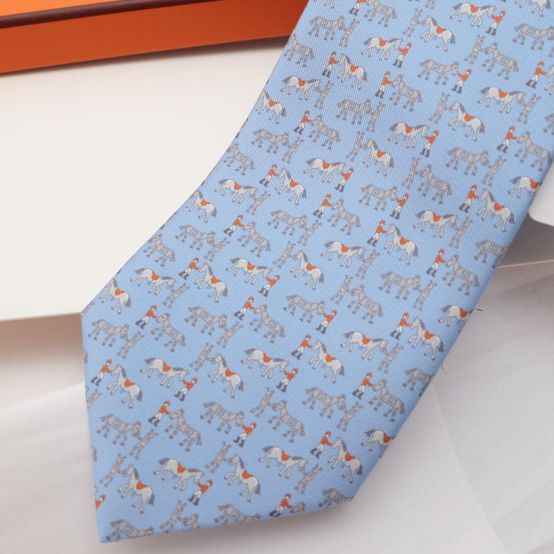 新品未使用 エルメス HERMES 馬柄 シルク ネクタイ 水色