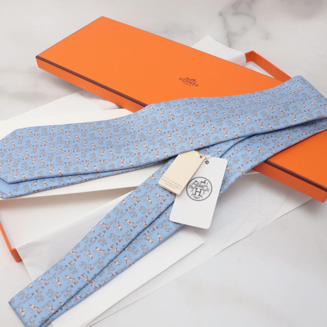 新品未使用 エルメス HERMES 馬柄 シルク ネクタイ 水色