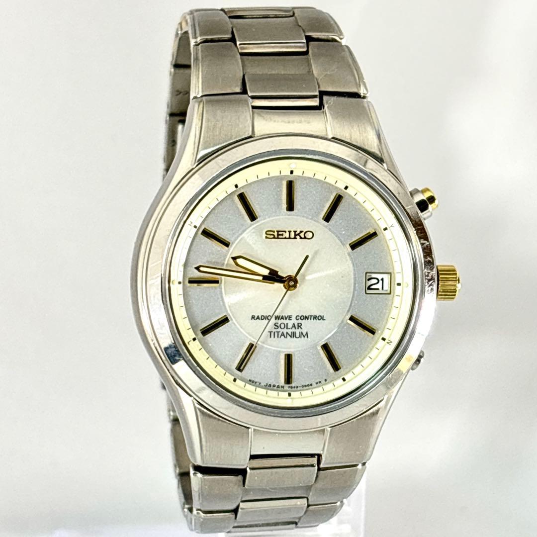 稼働 SEIKO メンズ腕時計 電波ソーラー チタニウム デイト 軽量 コンビ