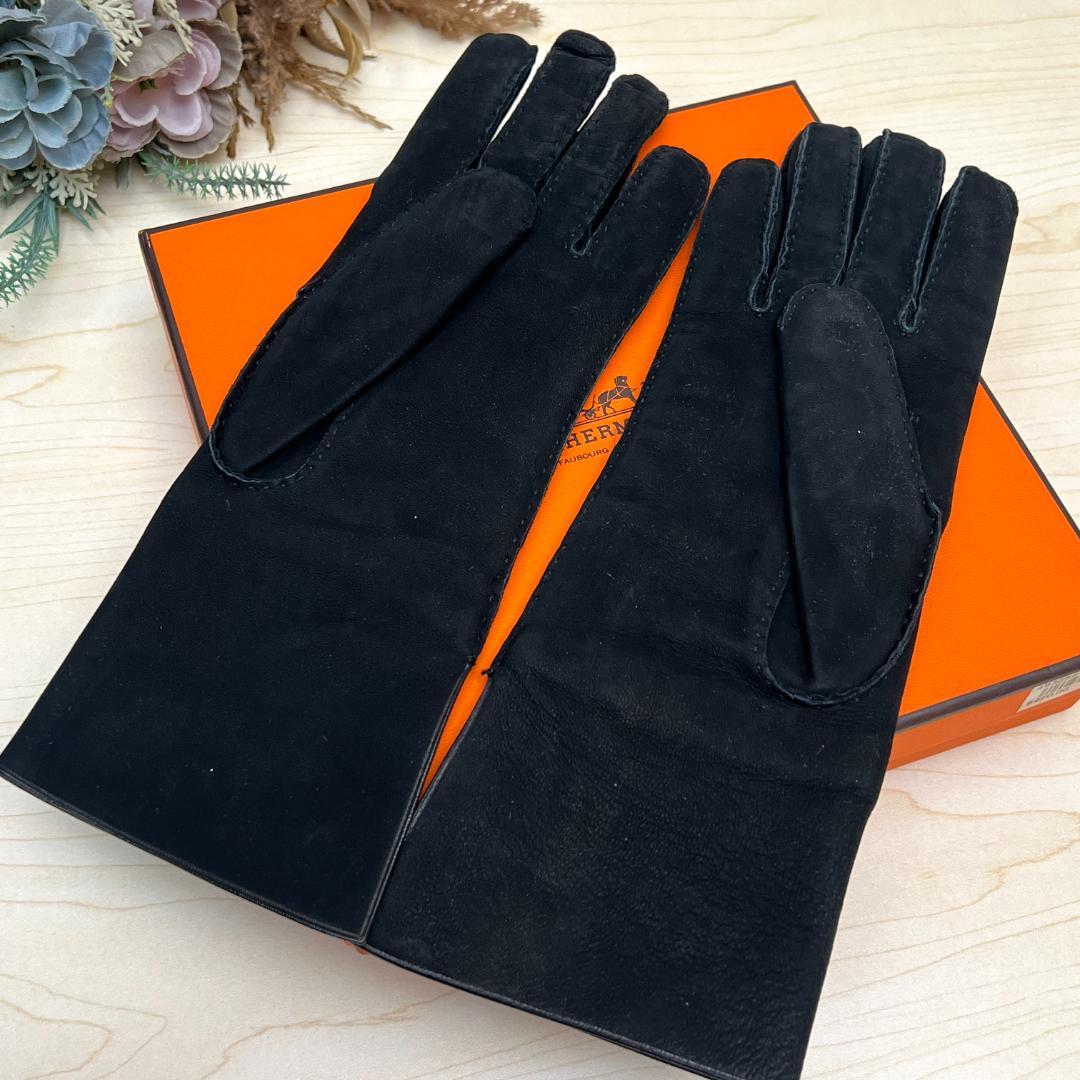 HERMES エルメス 5本指手袋 6 1/2 カシミヤ スエード 黒 Sサイズ