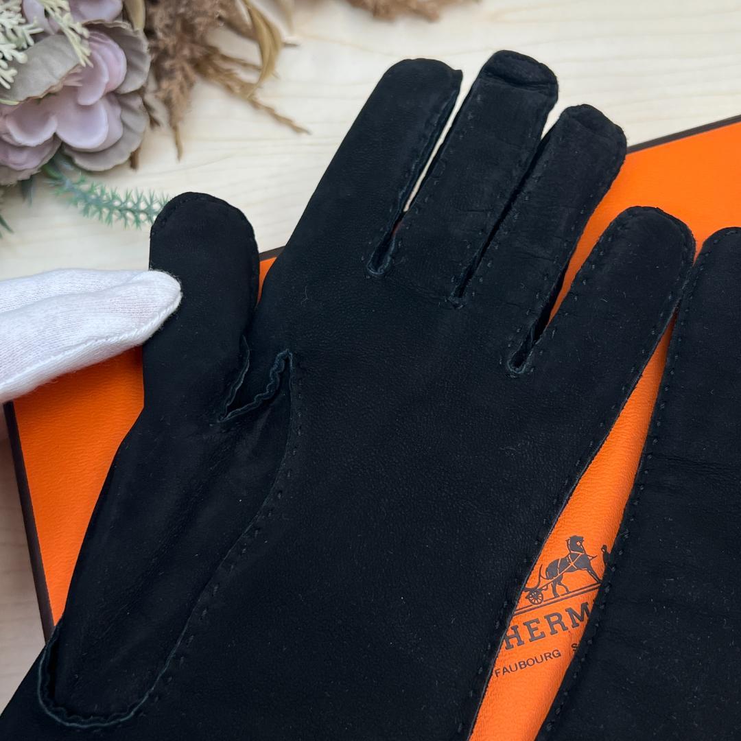 HERMES エルメス 5本指手袋 6 1/2 カシミヤ スエード 黒 Sサイズ