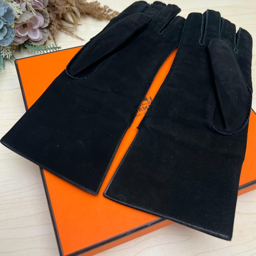 HERMES エルメス 5本指手袋 6 1/2 カシミヤ スエード 黒 Sサイズ