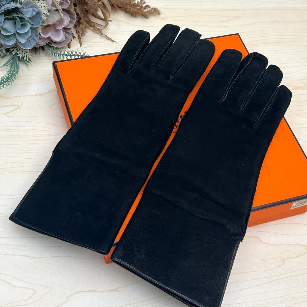 HERMES エルメス 5本指手袋 6 1/2 カシミヤ スエード 黒 Sサイズ