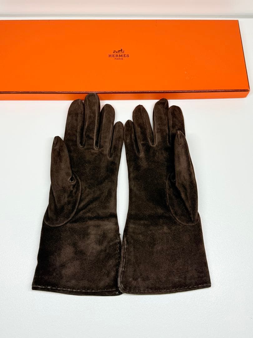 HERMES ダークブラウン カシミヤ手袋 7½