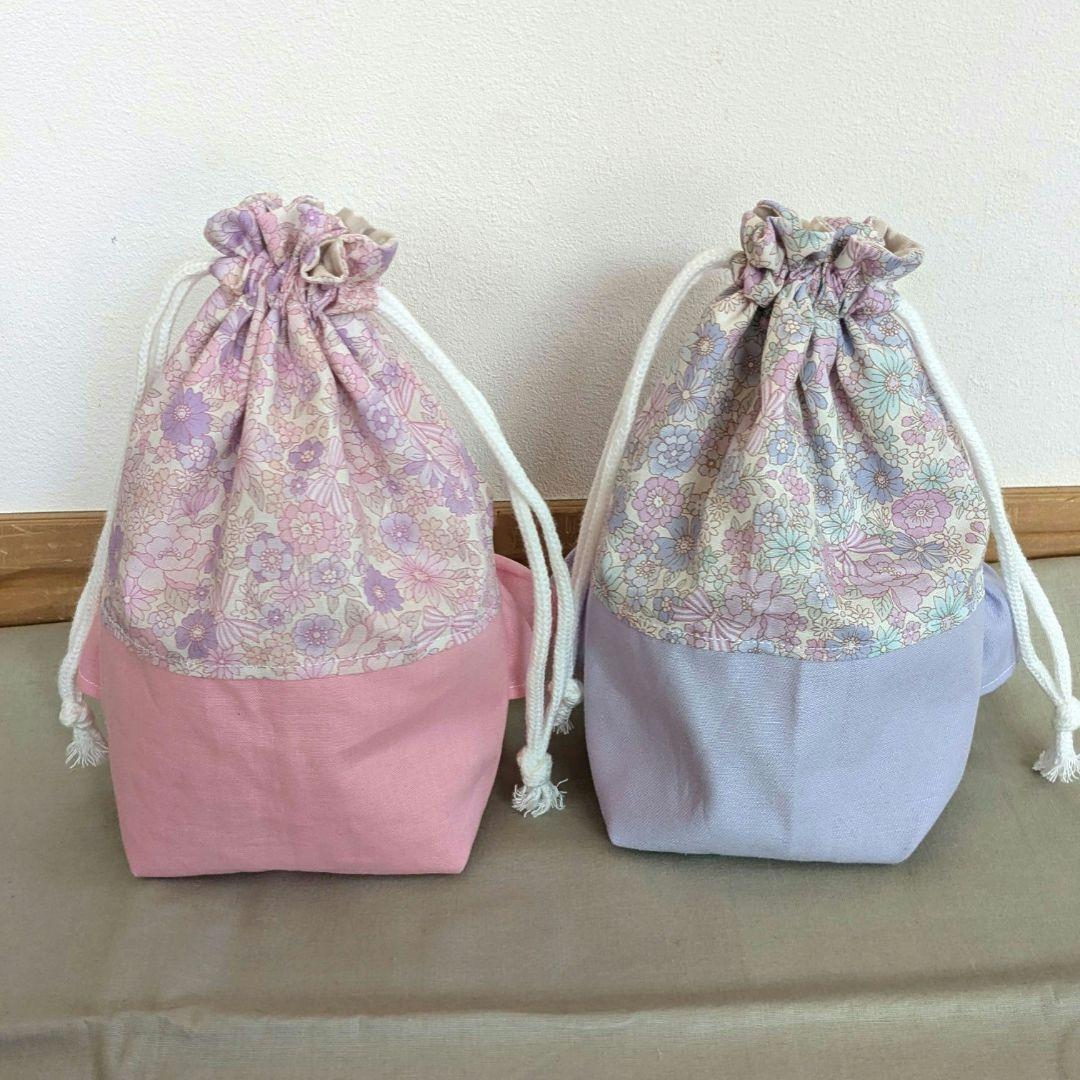 紫　大きなフリルの小花柄レッスンバッグ　ハンドメイド