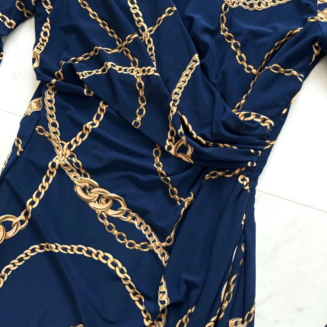 美品 ローレンラルフローレン ワンピース カシュクール ジャージー 鎖柄 青系