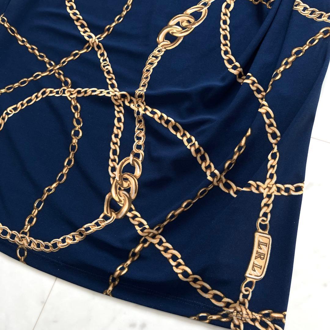 美品 ローレンラルフローレン ワンピース カシュクール ジャージー 鎖柄 青系