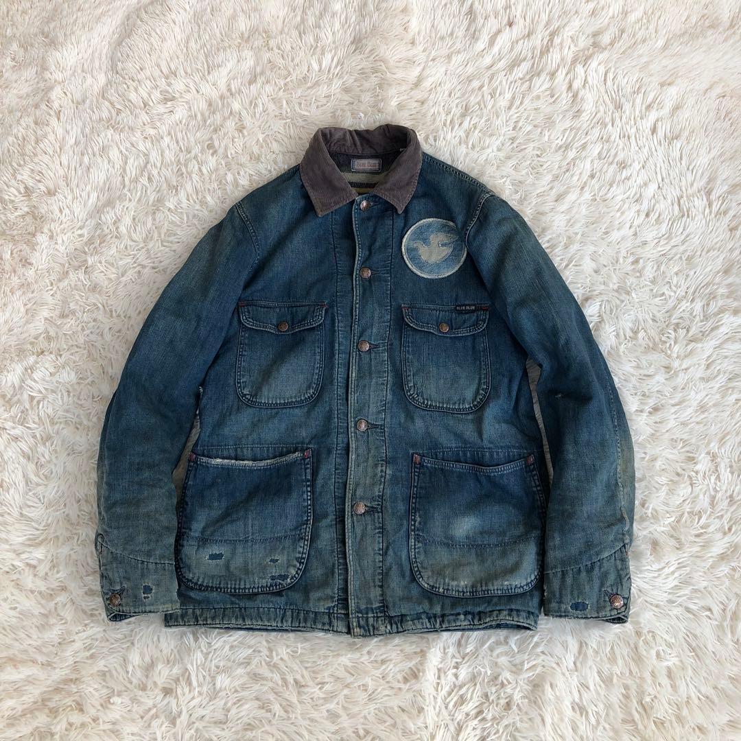 BLUE BLUEダメージ加工デニムカバーオール　デニムジャケット　ブルーブルー