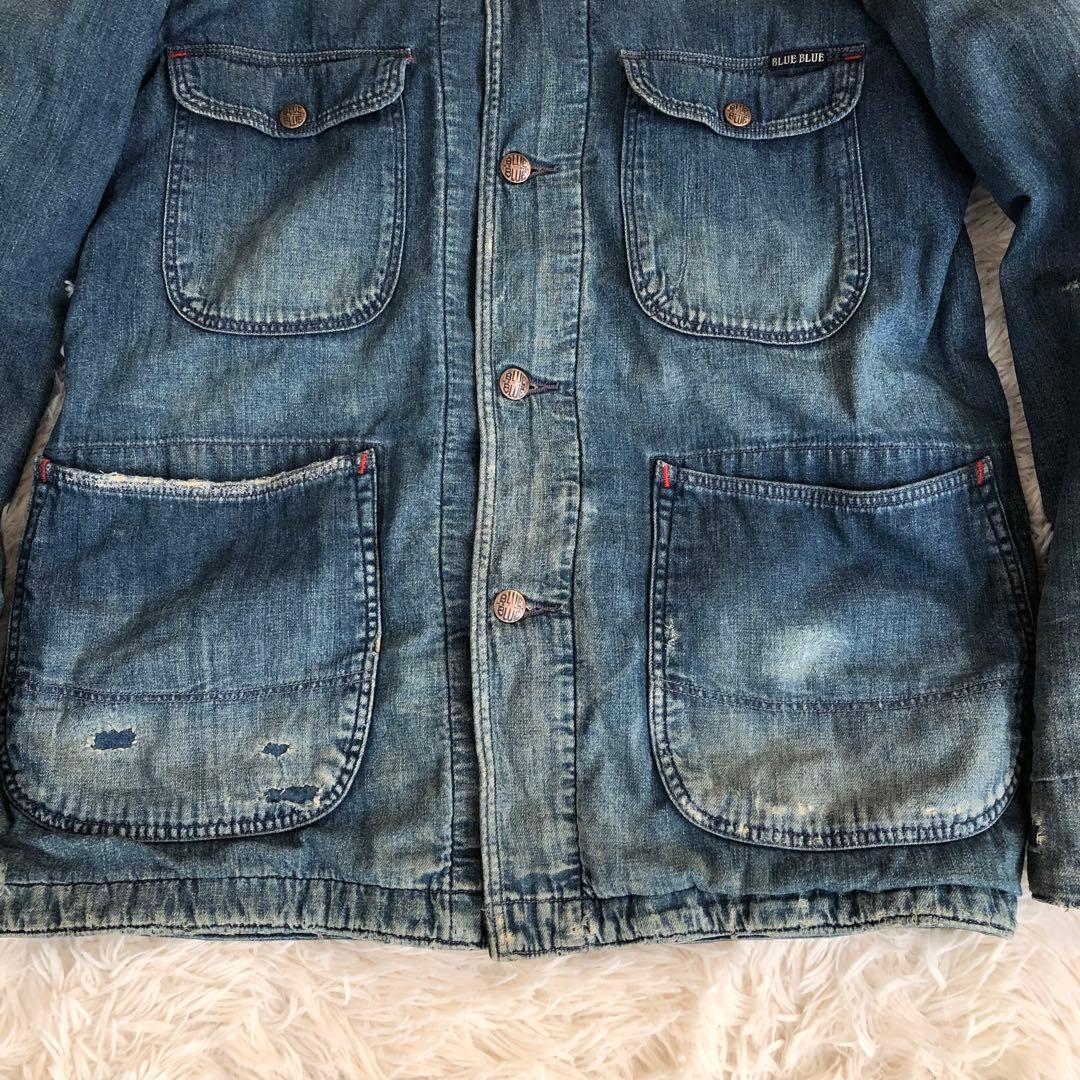 BLUE BLUEダメージ加工デニムカバーオール　デニムジャケット　ブルーブルー