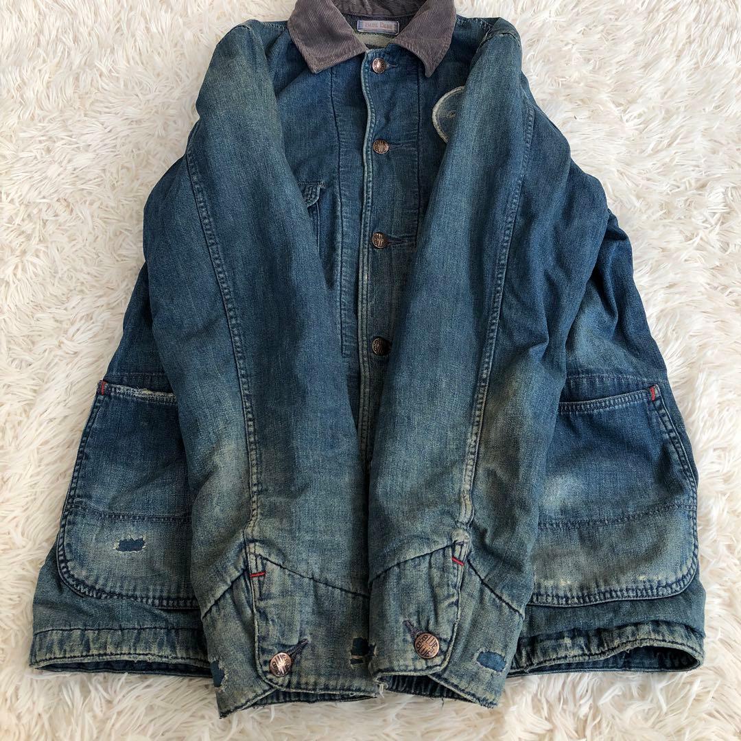 BLUE BLUEダメージ加工デニムカバーオール　デニムジャケット　ブルーブルー