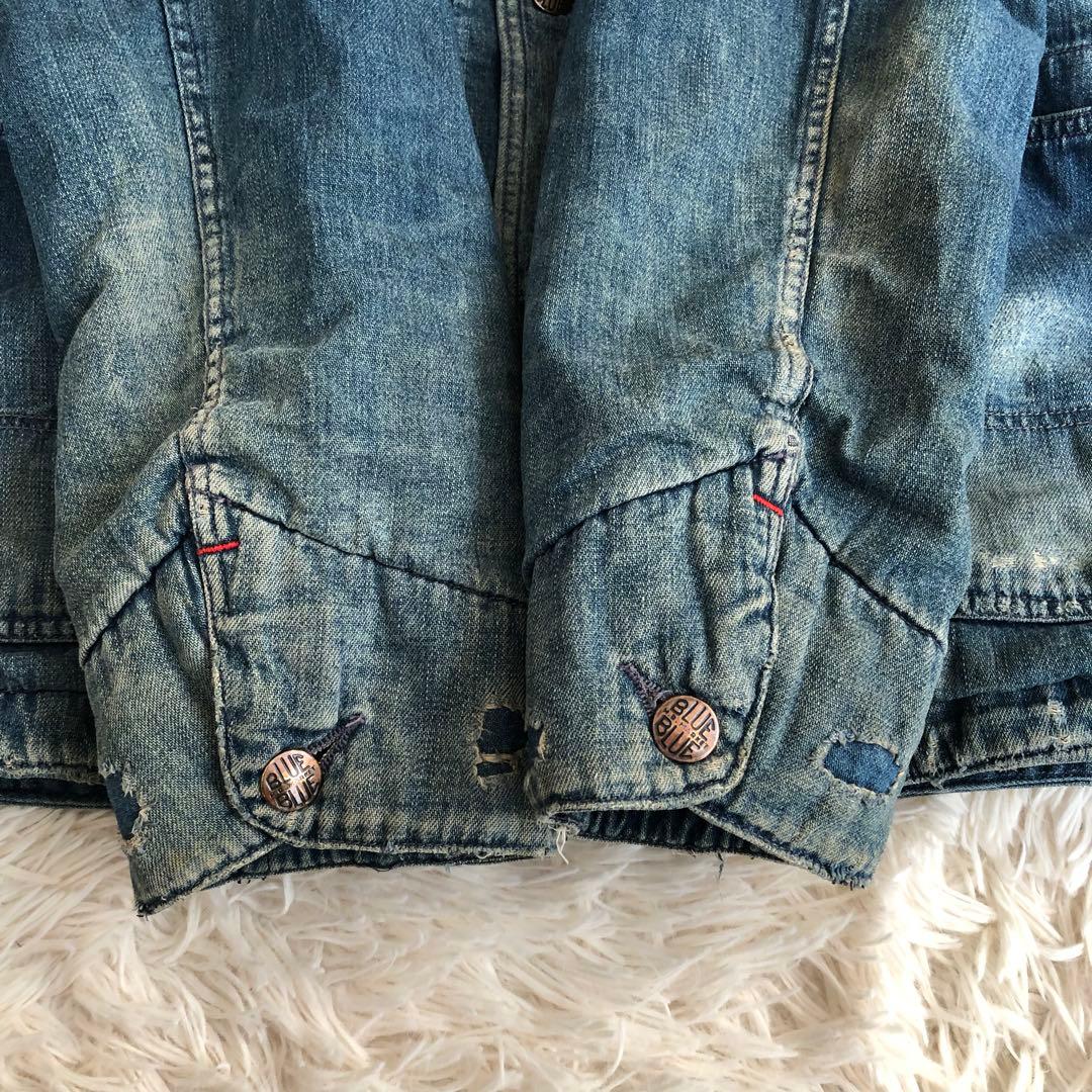 BLUE BLUEダメージ加工デニムカバーオール　デニムジャケット　ブルーブルー