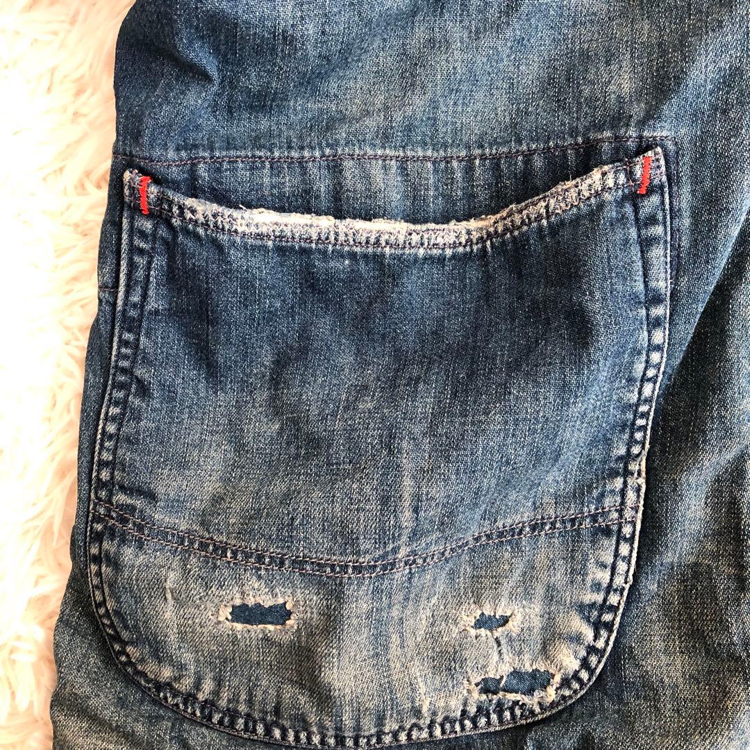 BLUE BLUEダメージ加工デニムカバーオール　デニムジャケット　ブルーブルー