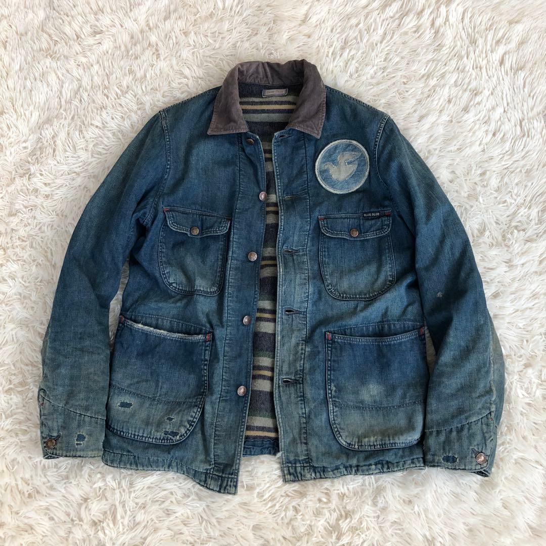 BLUE BLUEダメージ加工デニムカバーオール　デニムジャケット　ブルーブルー