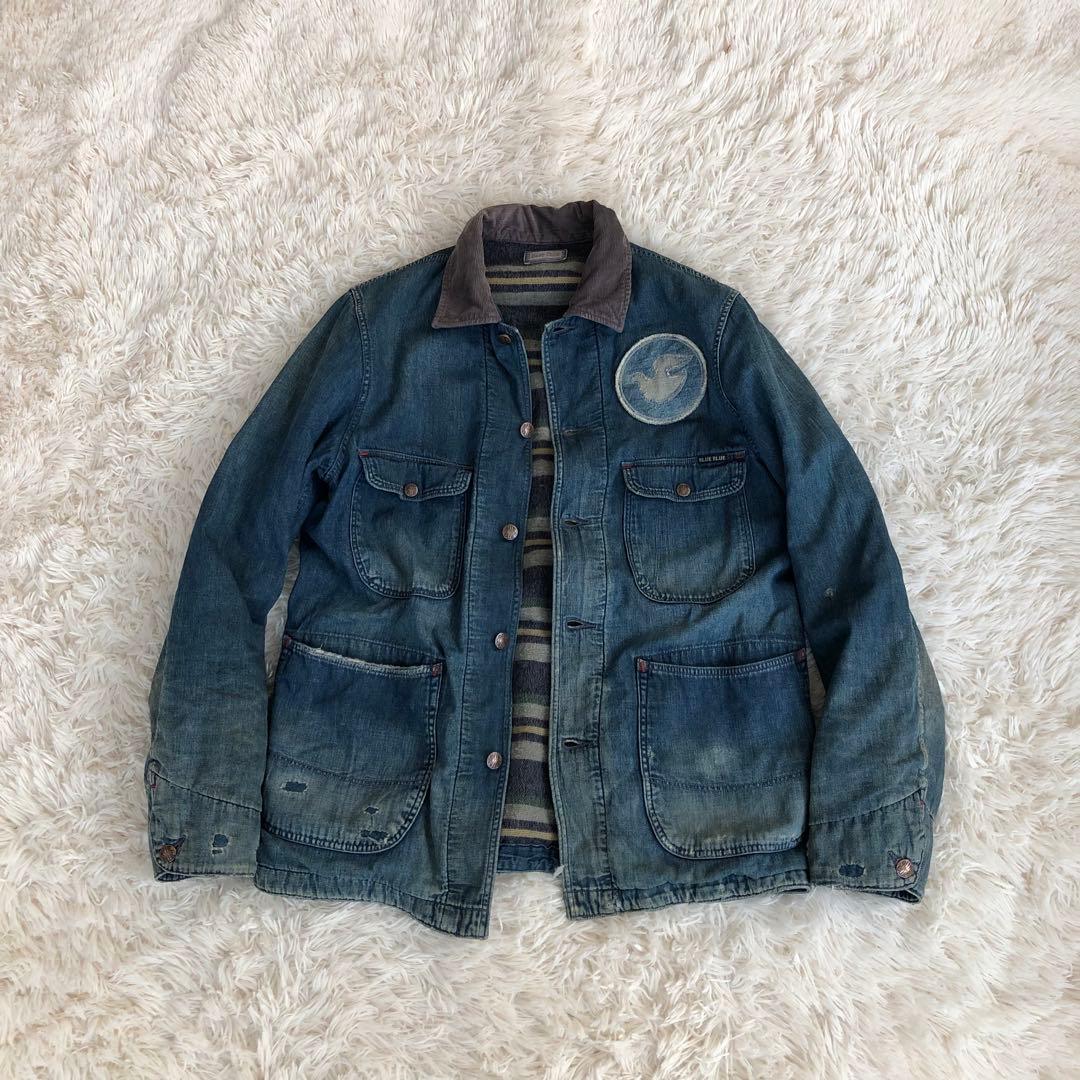 BLUE BLUEダメージ加工デニムカバーオール　デニムジャケット　ブルーブルー