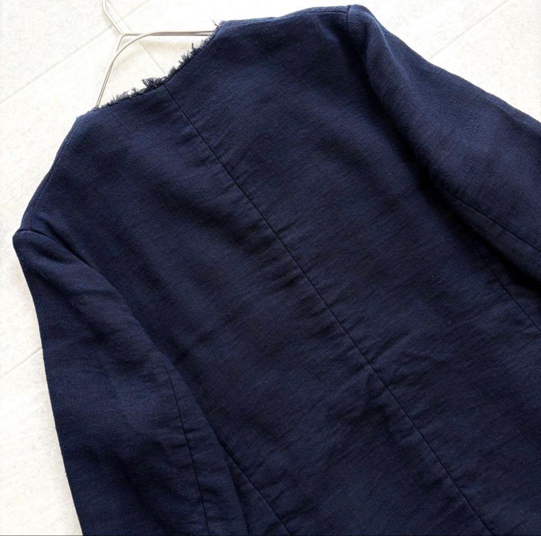 マルニ コットン リネン ノーカラー ジャケット ネイビー XL