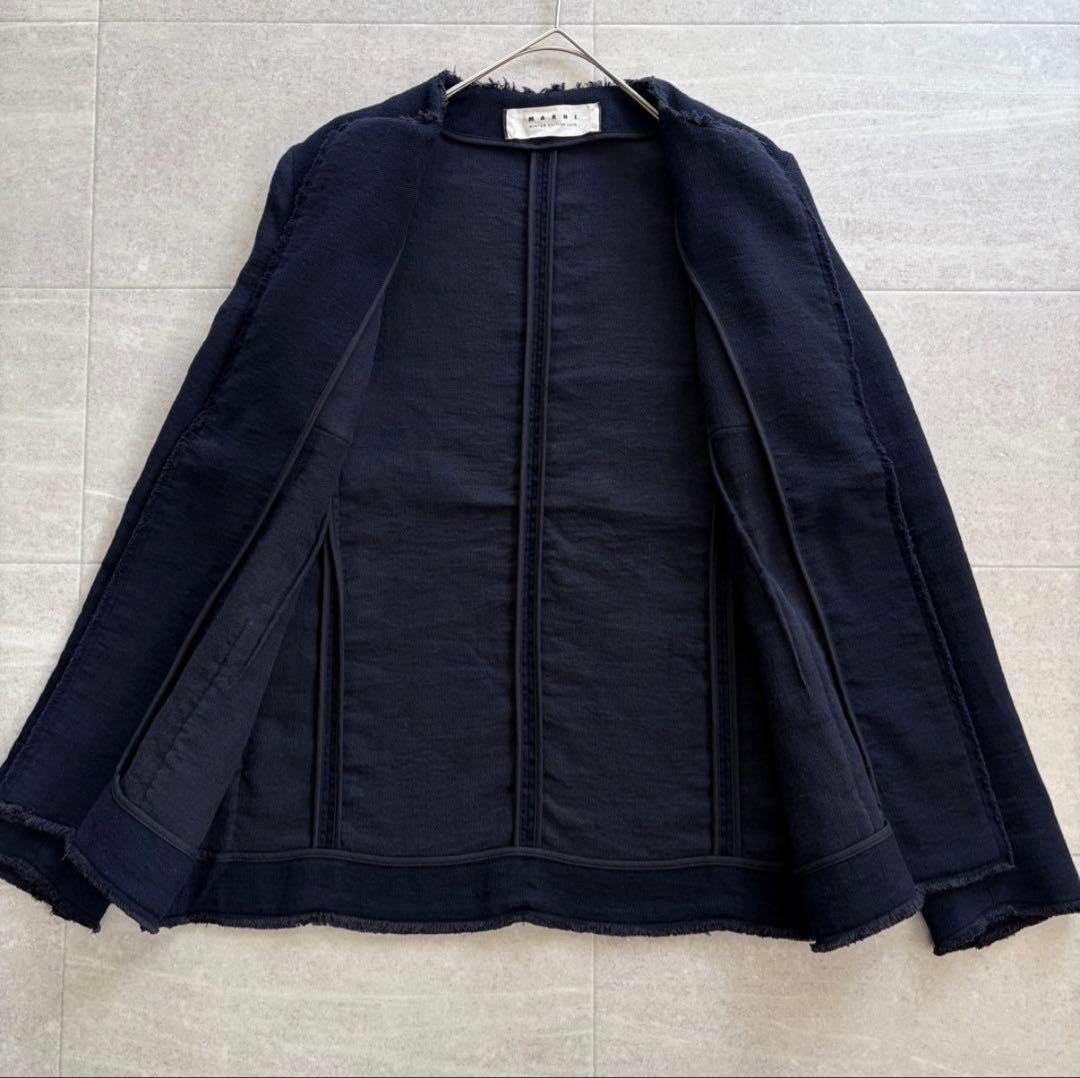 マルニ コットン リネン ノーカラー ジャケット ネイビー XL