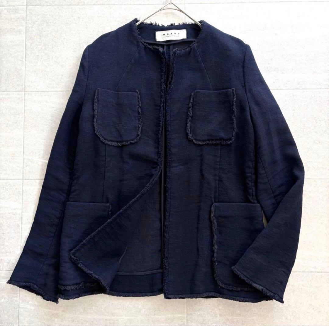 マルニ コットン リネン ノーカラー ジャケット ネイビー XL