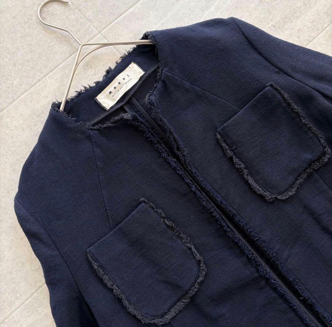 マルニ コットン リネン ノーカラー ジャケット ネイビー XL