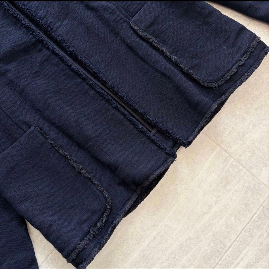 マルニ コットン リネン ノーカラー ジャケット ネイビー XL