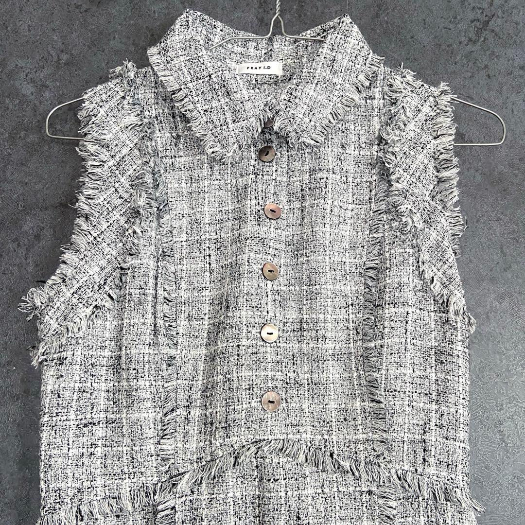FRAY I.D フリンジデザインツイードポロワンピース ノースリーブ グレー