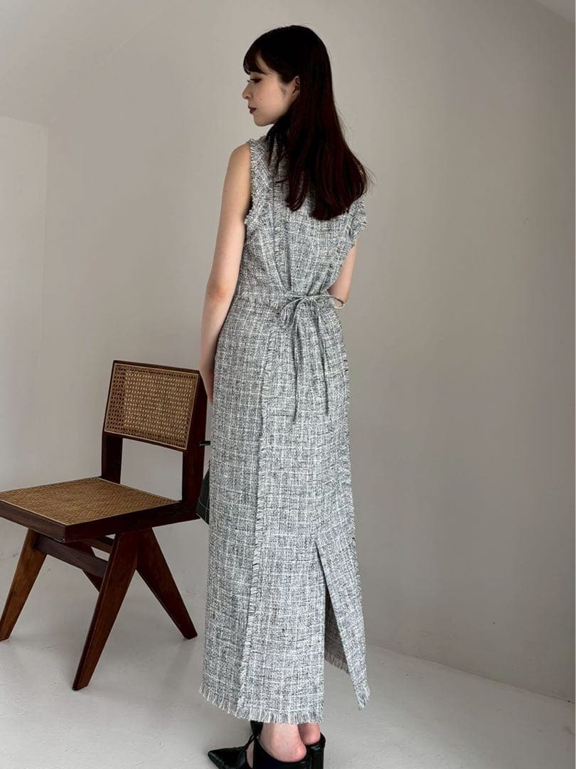 FRAY I.D フリンジデザインツイードポロワンピース ノースリーブ グレー