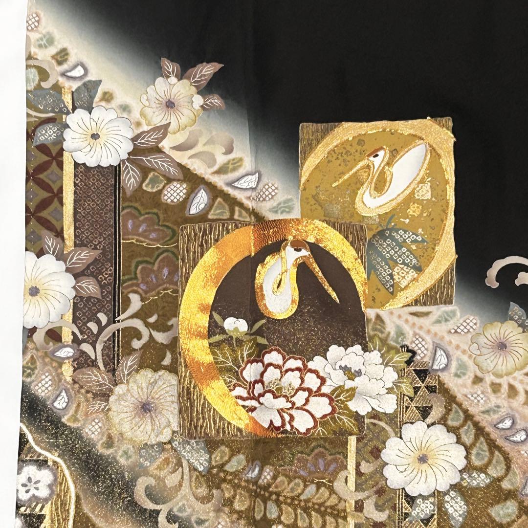 【656】辻が花•鶴 文様 金駒刺繍入り 黒留袖