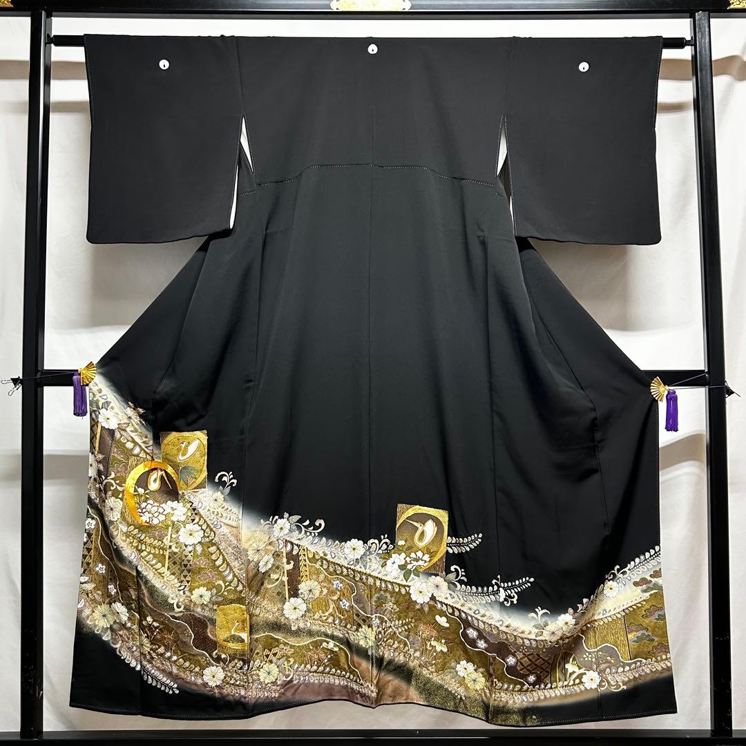 【656】辻が花•鶴 文様 金駒刺繍入り 黒留袖