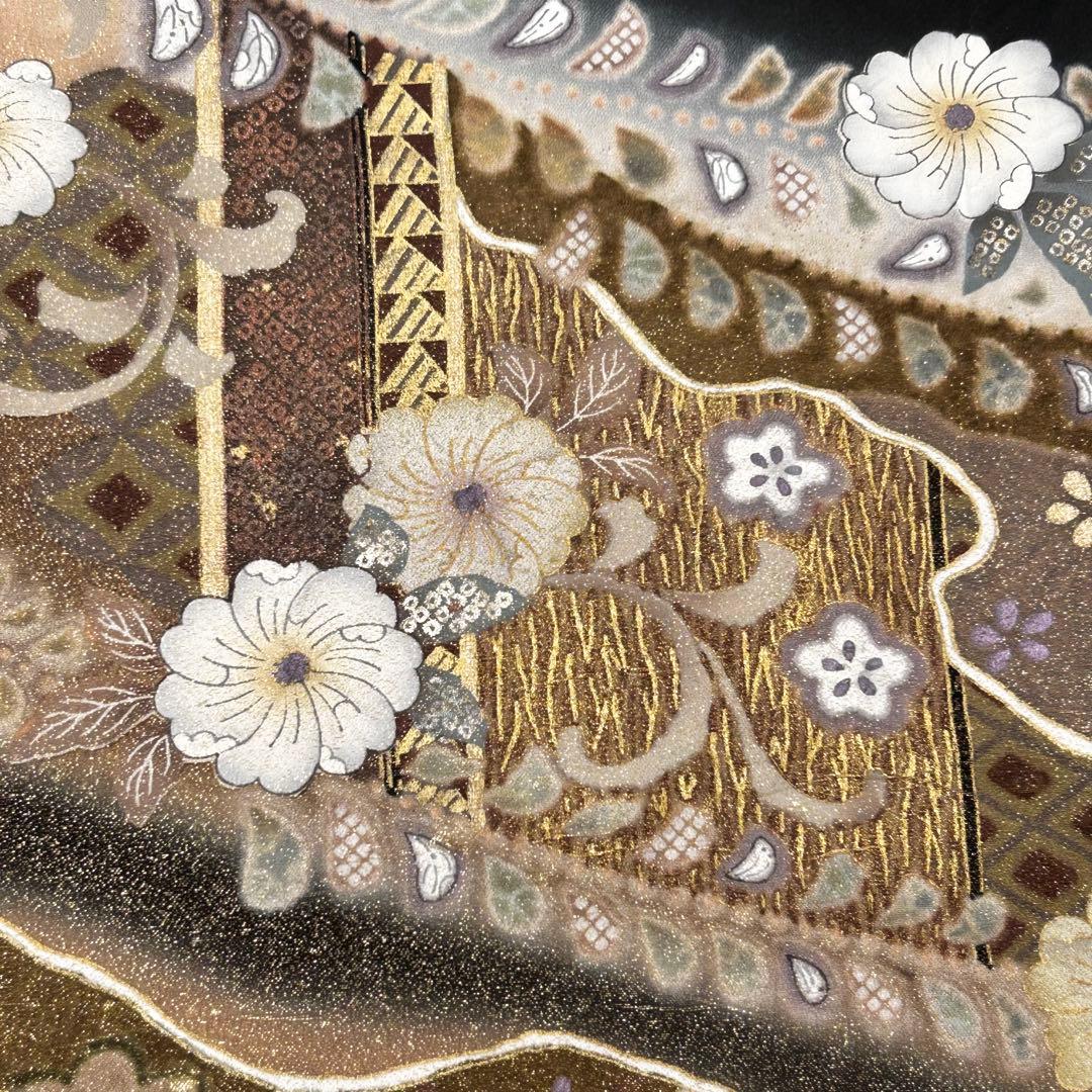 【656】辻が花•鶴 文様 金駒刺繍入り 黒留袖