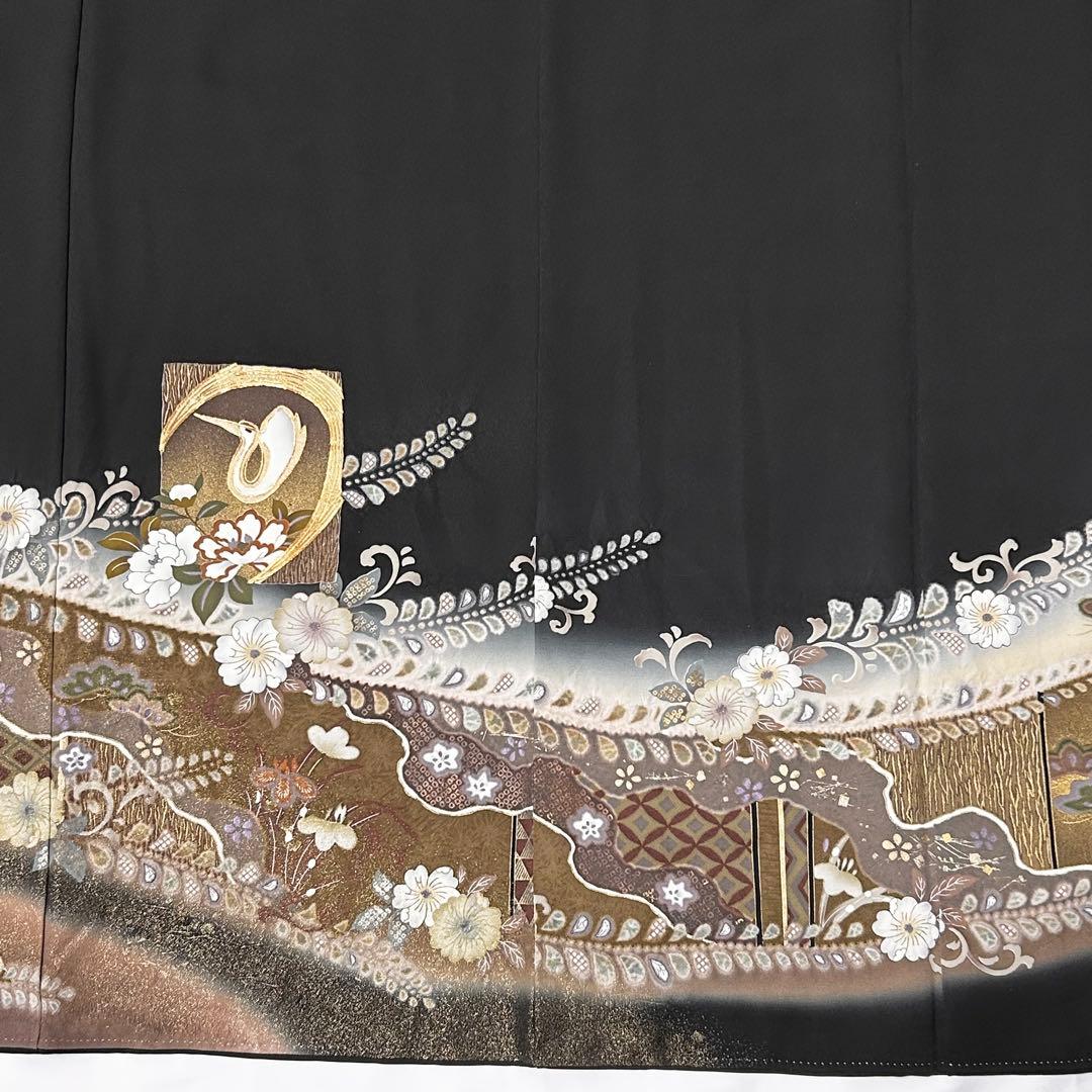 【656】辻が花•鶴 文様 金駒刺繍入り 黒留袖