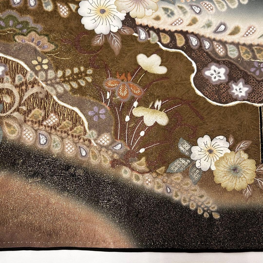 【656】辻が花•鶴 文様 金駒刺繍入り 黒留袖