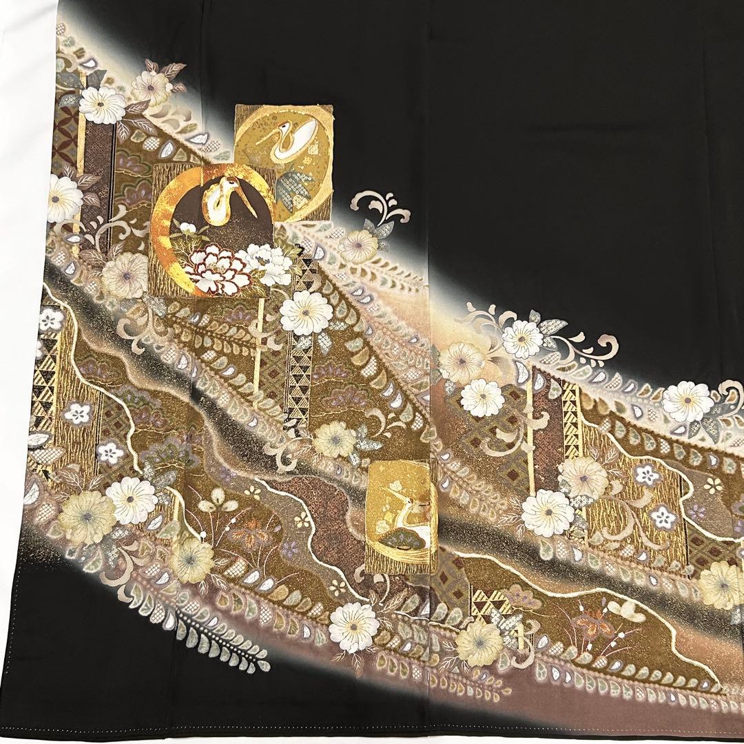 【656】辻が花•鶴 文様 金駒刺繍入り 黒留袖