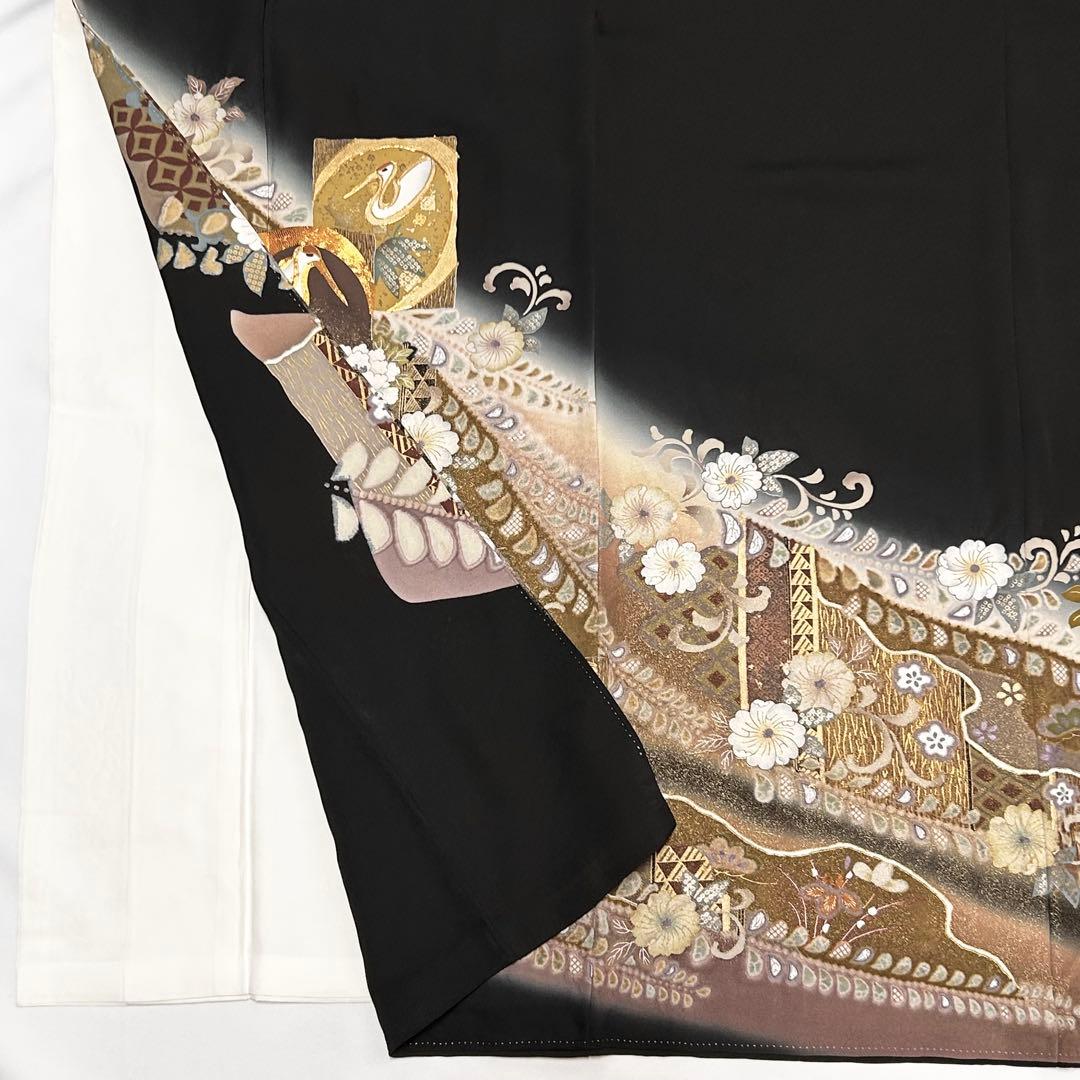 【656】辻が花•鶴 文様 金駒刺繍入り 黒留袖