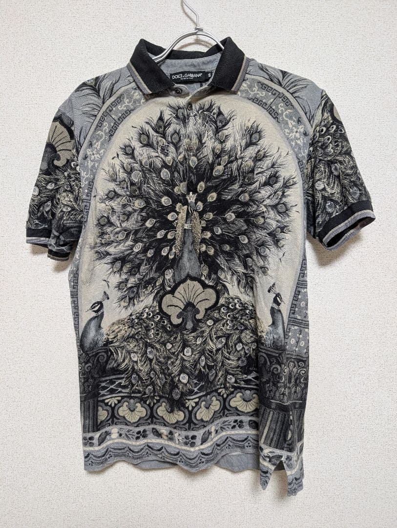 DOLCE&GABBANA　ドルガバ　孔雀デザイン ポロシャツ モノトーン
