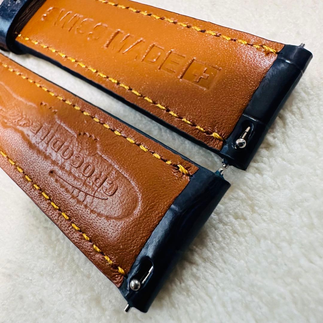 3074#20mm-18mmミッドナイトブルー★本物クロコダイルベルト★スイス製