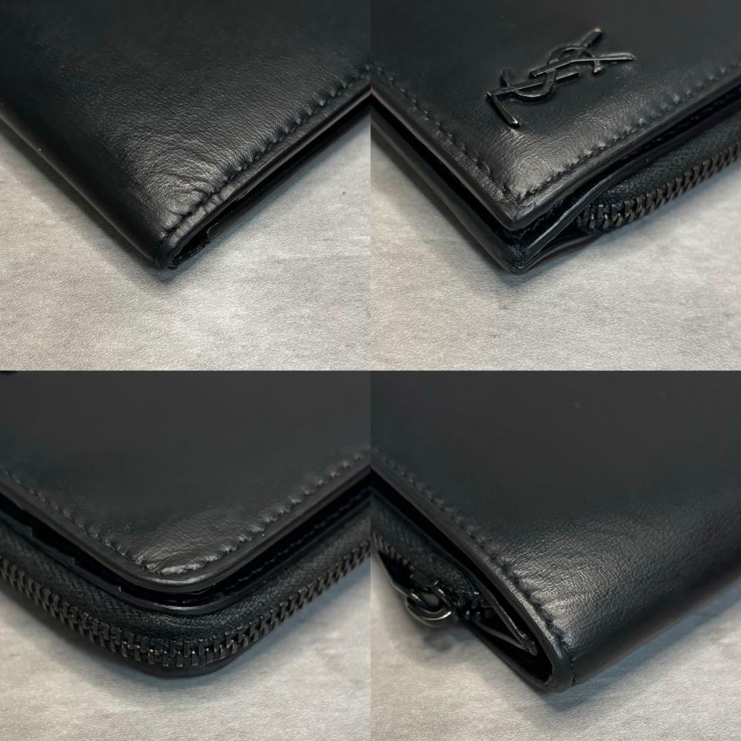 極美品✨サンローラン 二つ折り財布 ラウンドジップ カサンドラ ブラックロゴ 黒