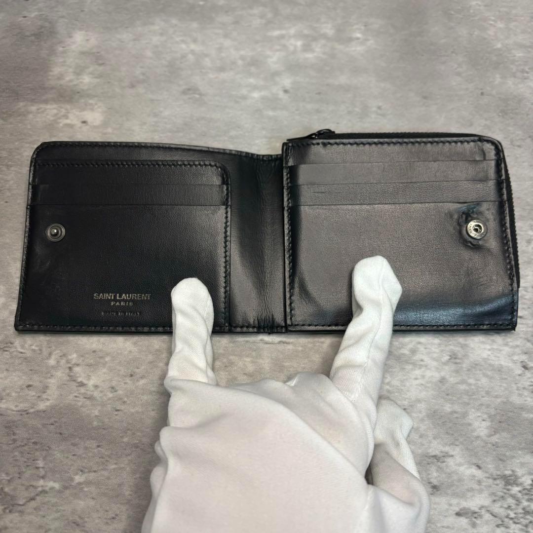 極美品✨サンローラン 二つ折り財布 ラウンドジップ カサンドラ ブラックロゴ 黒