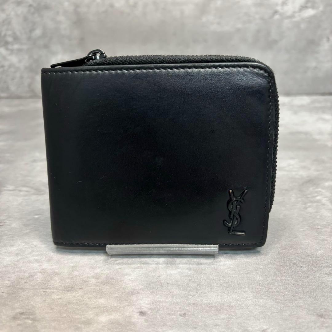 極美品✨サンローラン 二つ折り財布 ラウンドジップ カサンドラ ブラックロゴ 黒