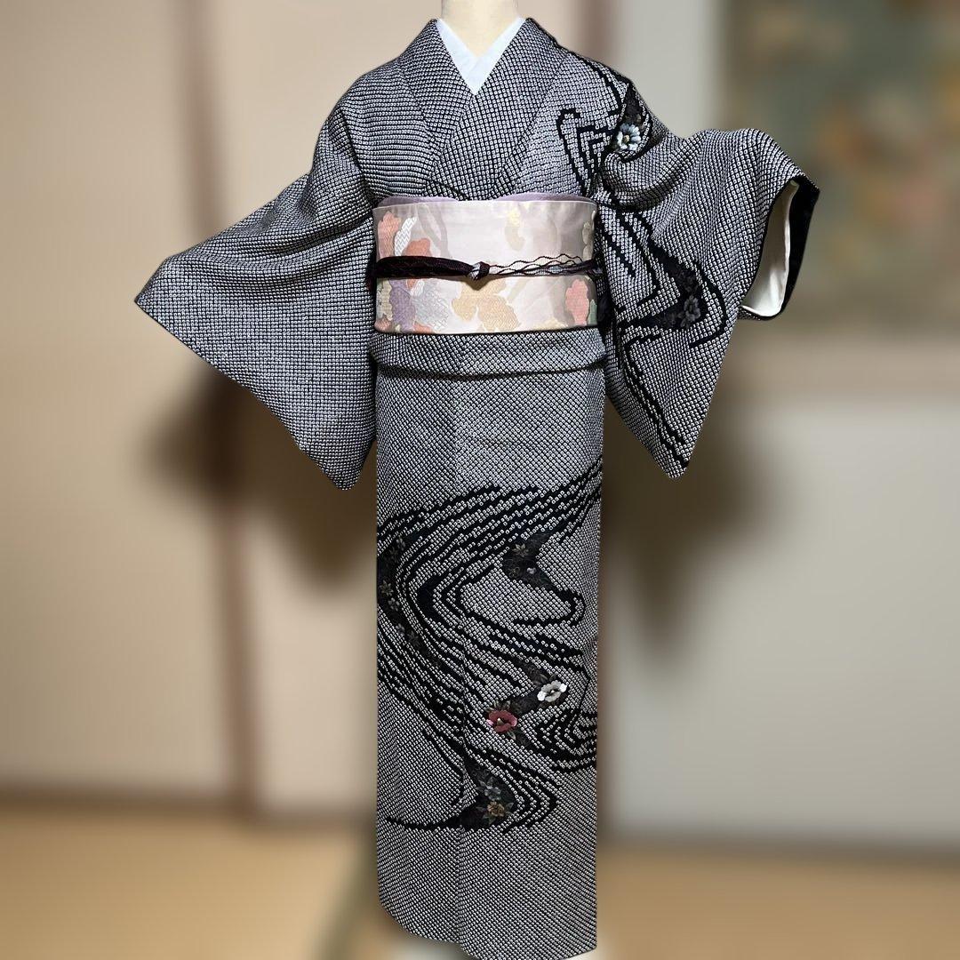 付け下げ訪問着　総絞り　モノトーン　刺繍　 身丈155裄65