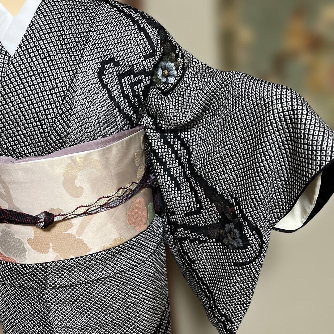 付け下げ訪問着　総絞り　モノトーン　刺繍　 身丈155裄65